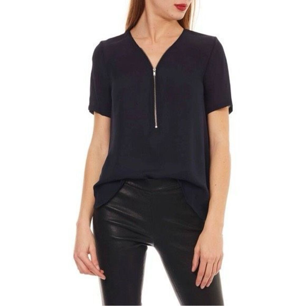 The Kooples Short Sleeve Blouse Size Medium Black Silk Zip Front Too